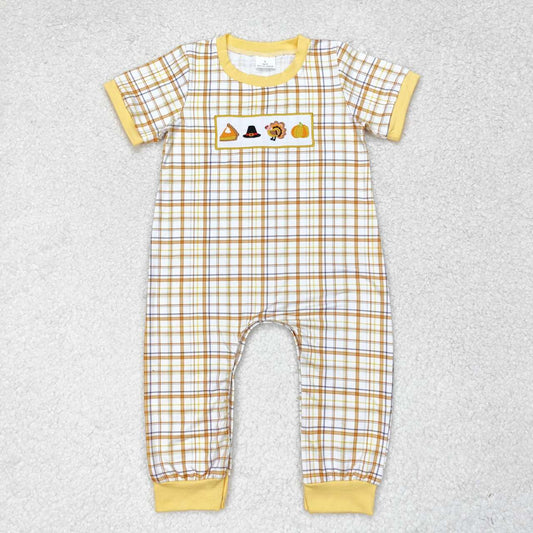 infant baby boy thanksgiving embroidery turkey romper