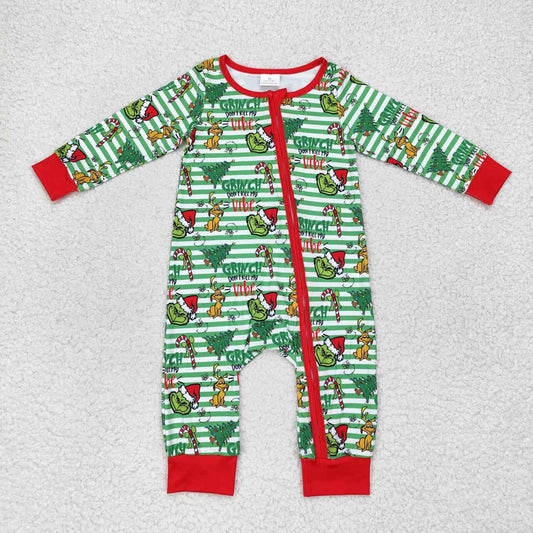 christmas green face boy long sleeve zip romper