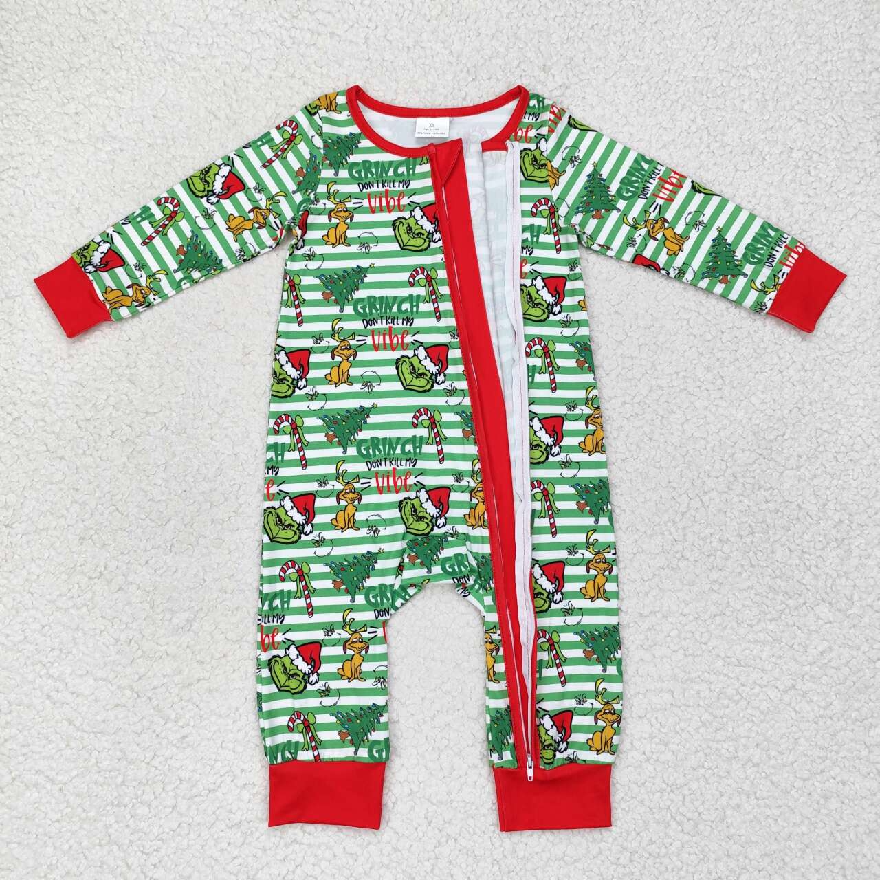 christmas green face boy long sleeve zip romper