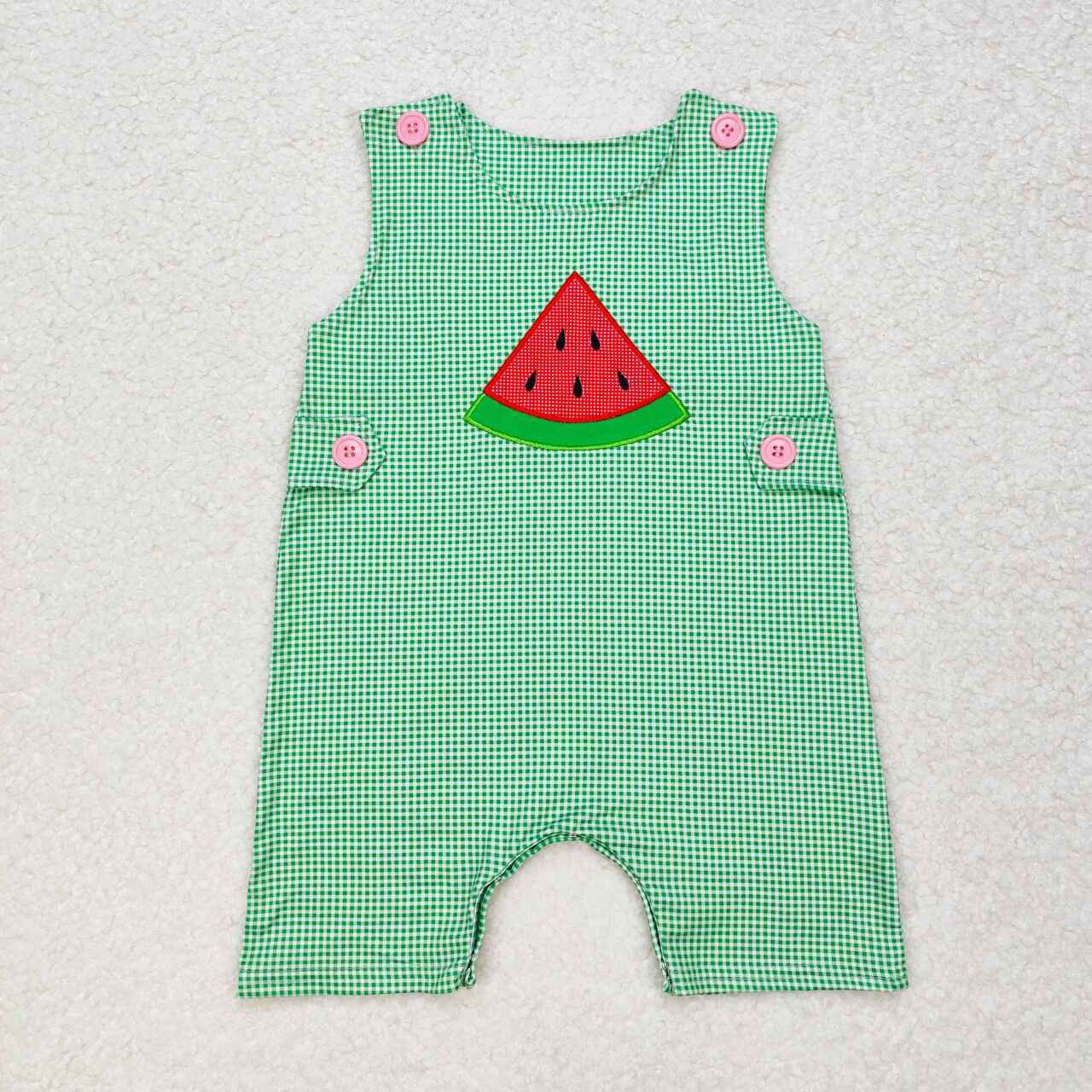 toddle baby boy green plaid embroidery watermelon romper