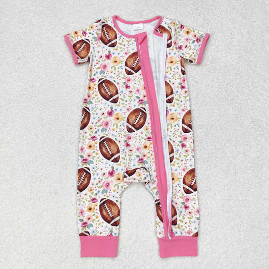 toddle baby girls football floral short sleeve zip romper