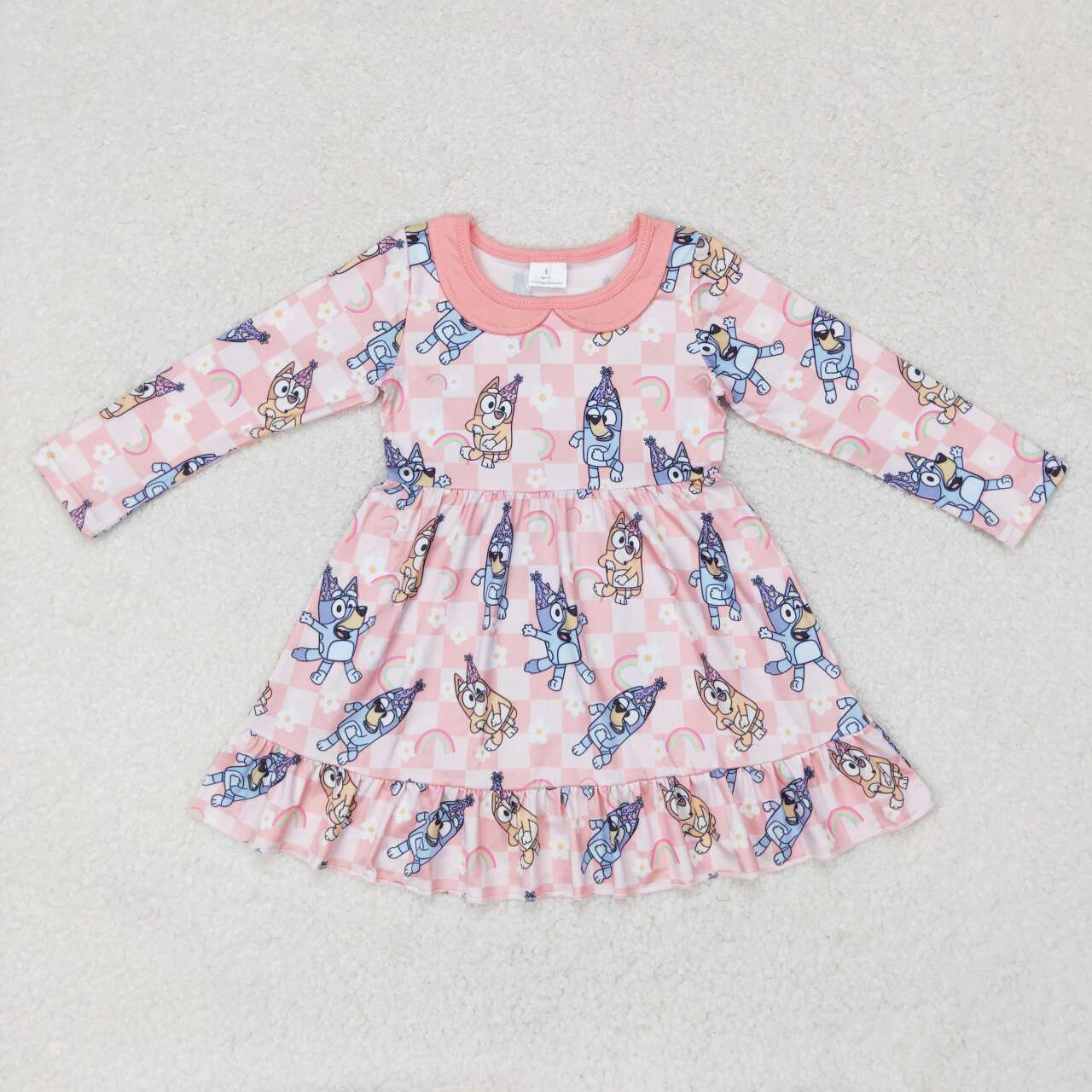 infant baby girls blue cartoon dog pink checkered dress