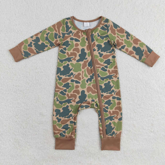 toddle baby boy green camo bamboo zip romper