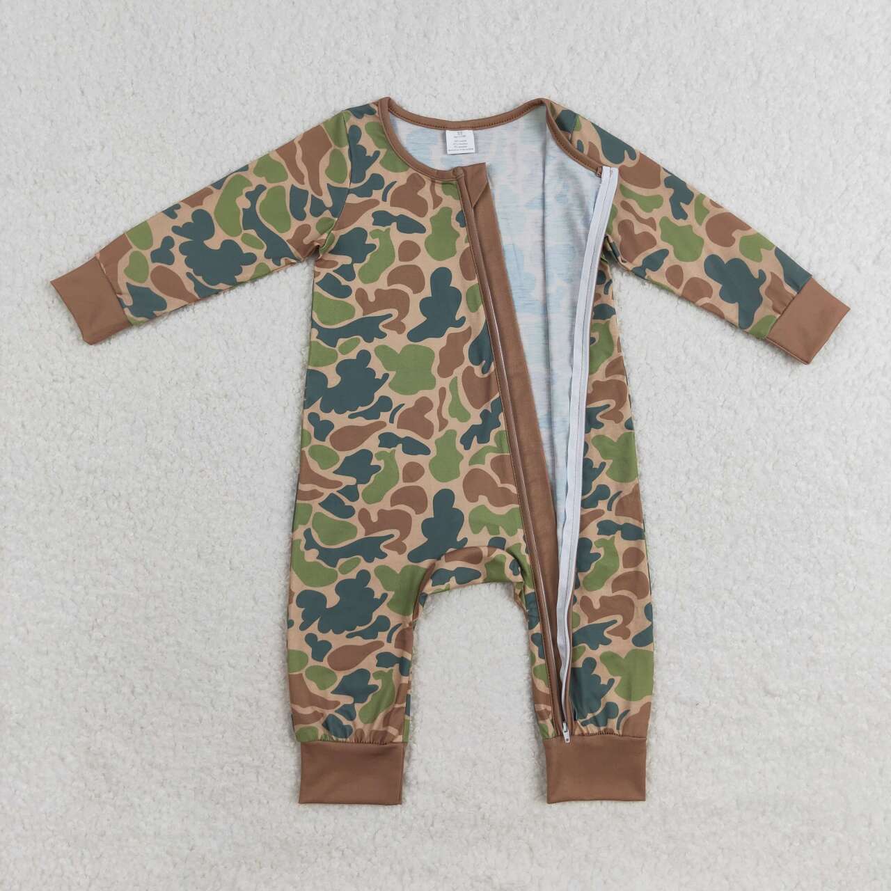 toddle baby boy green camo bamboo zip romper