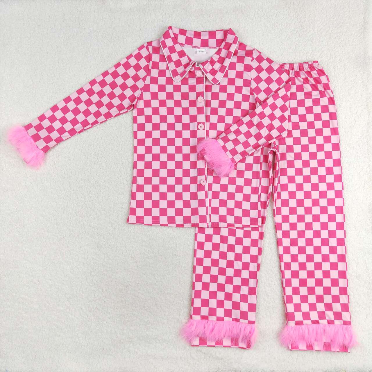 Adult women hot pink checkered long sleeve pajama set