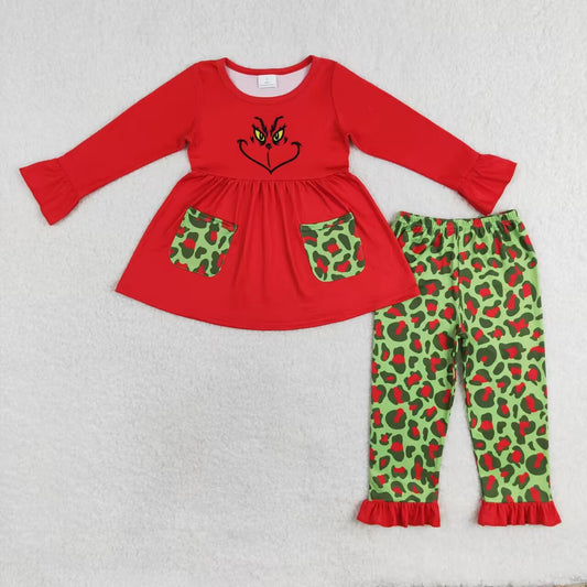 infant baby girls christmas green face cheetah clothing set