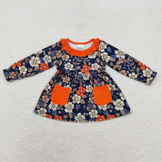 wholesale girls orange floral long sleeve pocket shirt