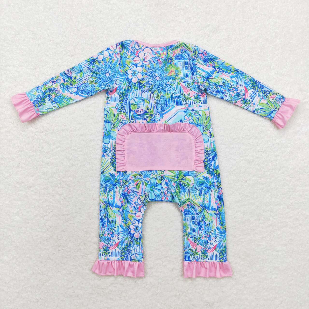 wholesale toddle girls blue green plant bamboo zip romper