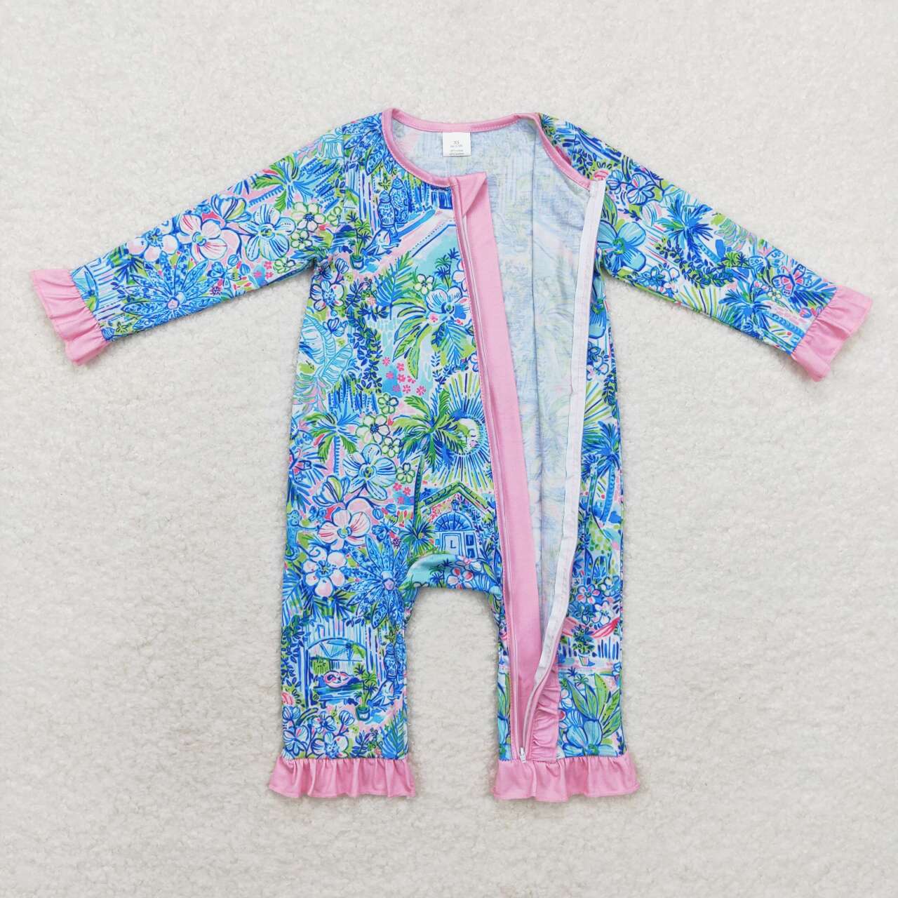 wholesale toddle girls blue green plant bamboo zip romper