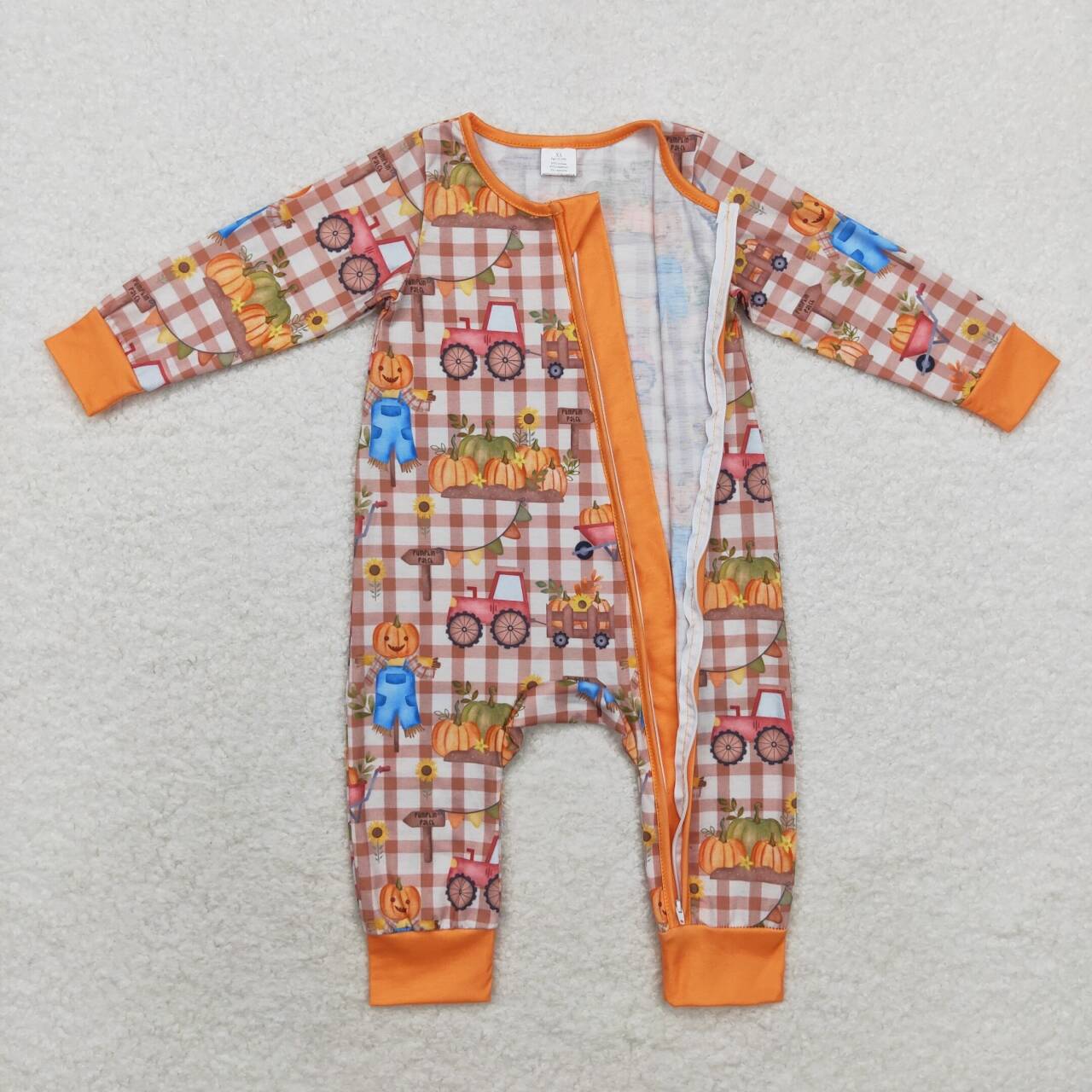 toddle baby pumpkin tractor long sleeve bamboo zip romper