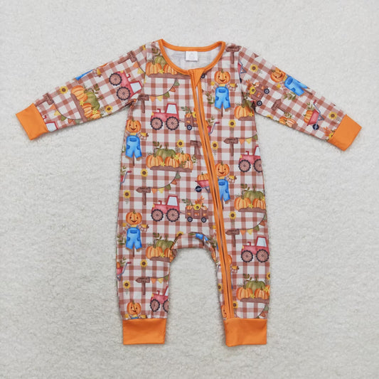 toddle baby pumpkin tractor long sleeve bamboo zip romper