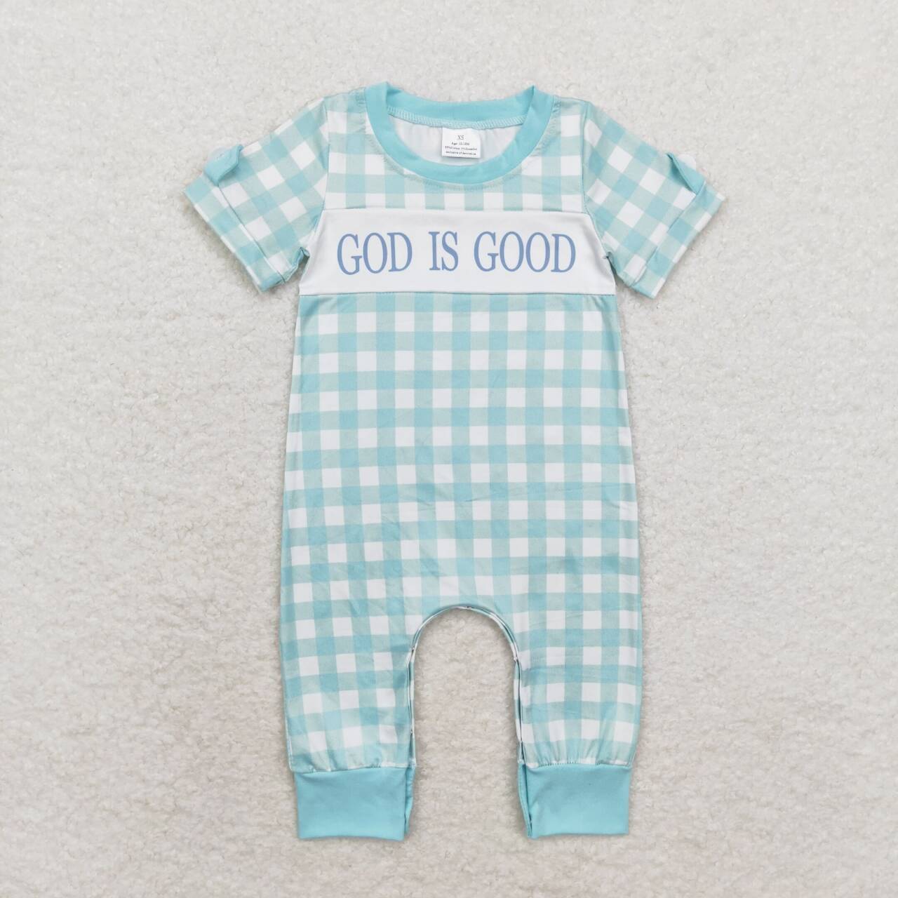 God is good  blue plaid boutique romper