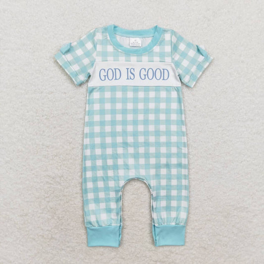 God is good  blue plaid boutique romper