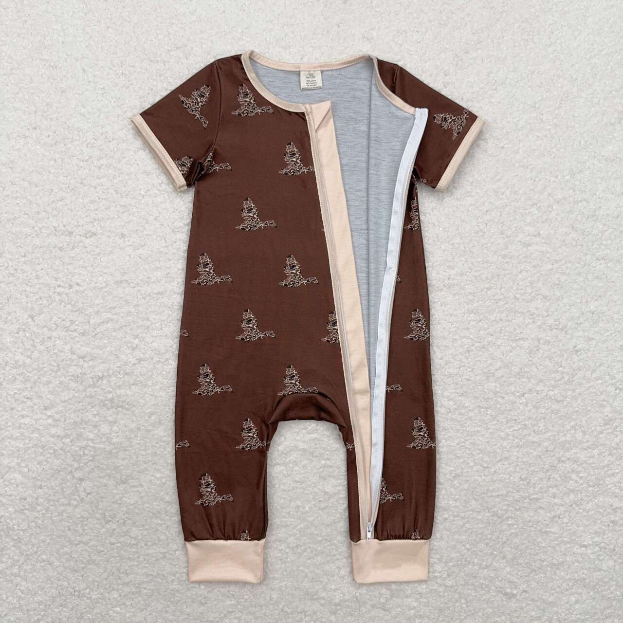 toddle baby boy camo mallard duck short sleeve bamboo zip romper