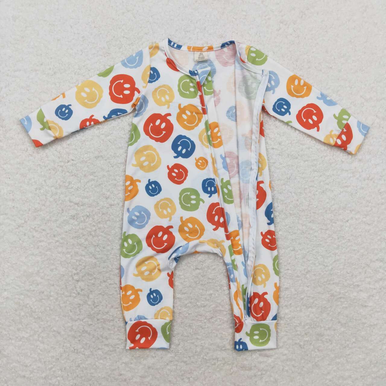 baby boy smile face pumpkin long sleeve bamboo zip romper