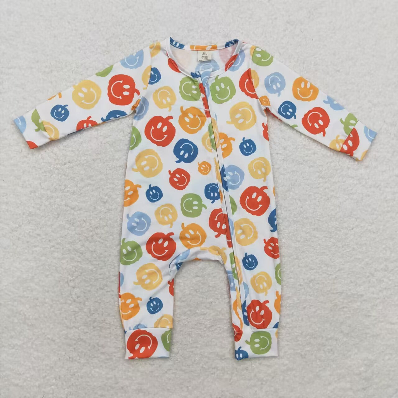 baby boy smile face pumpkin long sleeve bamboo zip romper