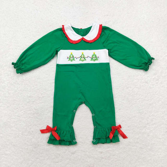 toddle baby girl smocked christmas tree green romper