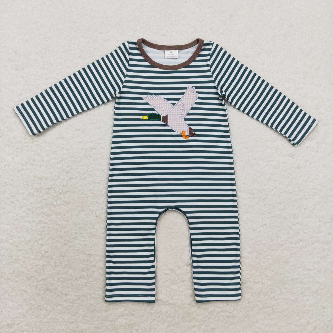 green stripes embroidery mallard duck long sleeve romper