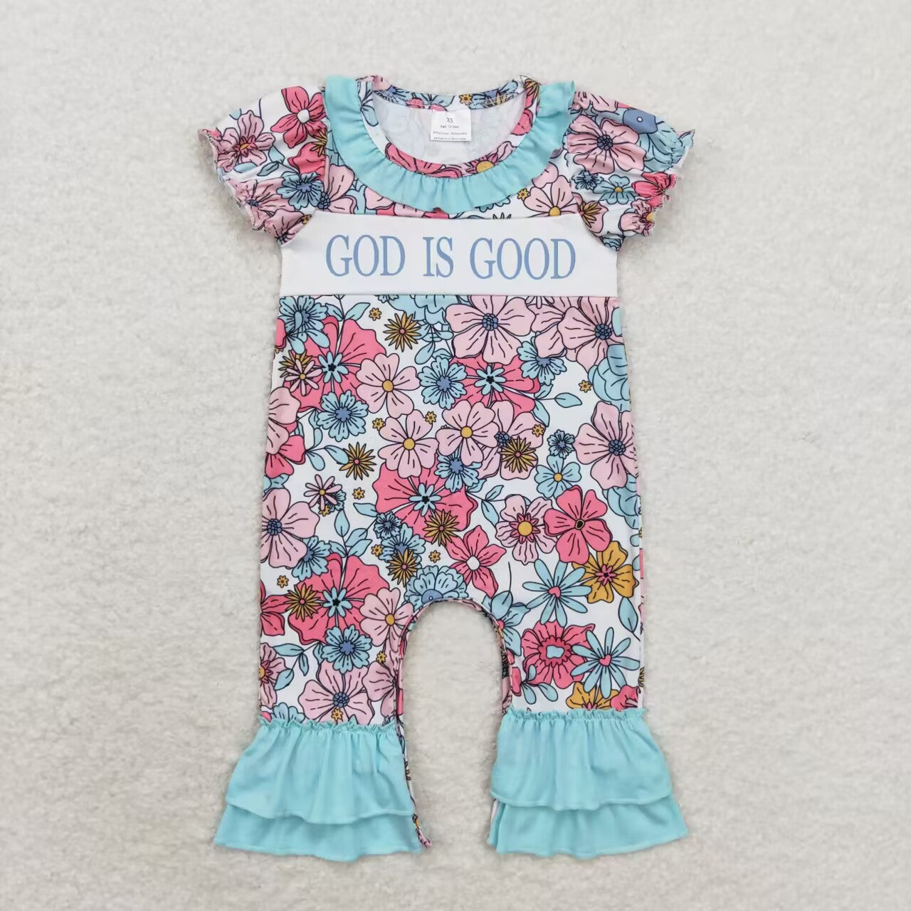 God is good pink blue floral boutique romper