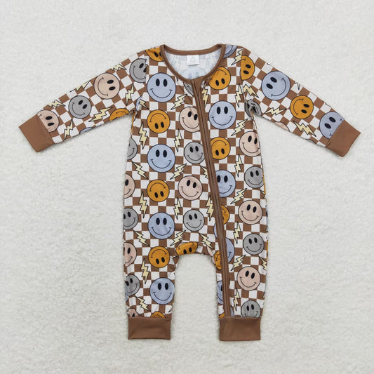 smile face brown checkered bamboo zip romper wholesale price