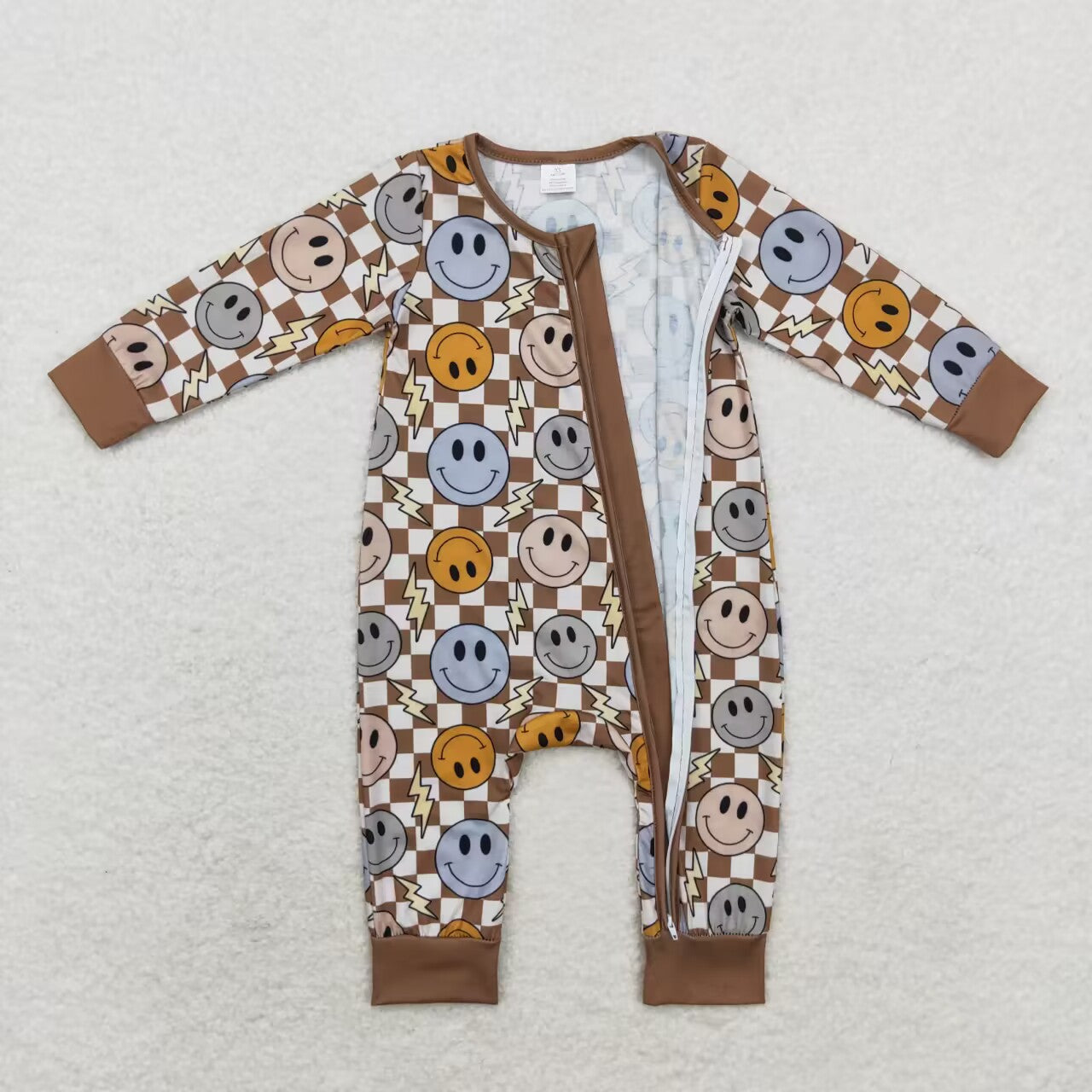 smile face brown checkered bamboo zip romper wholesale price