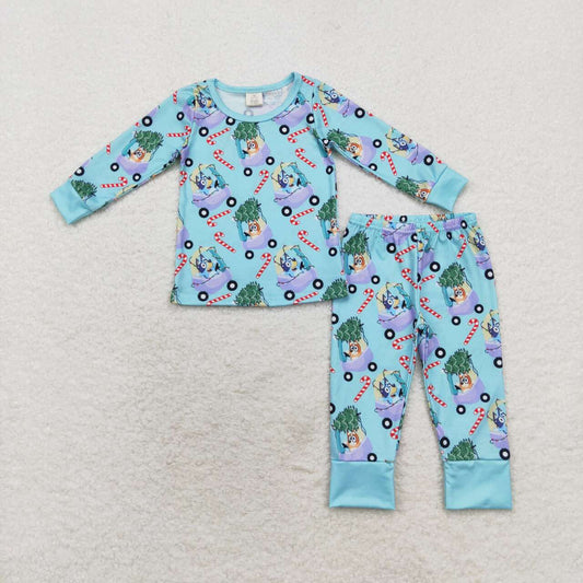 Christmas candy cane blue cartoon dog bamboo pajama set