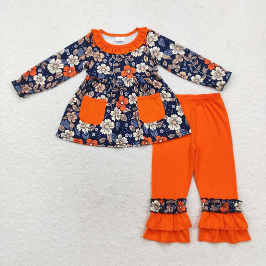 baby girl long sleeve navy floral tunic top ruffle pants clothes