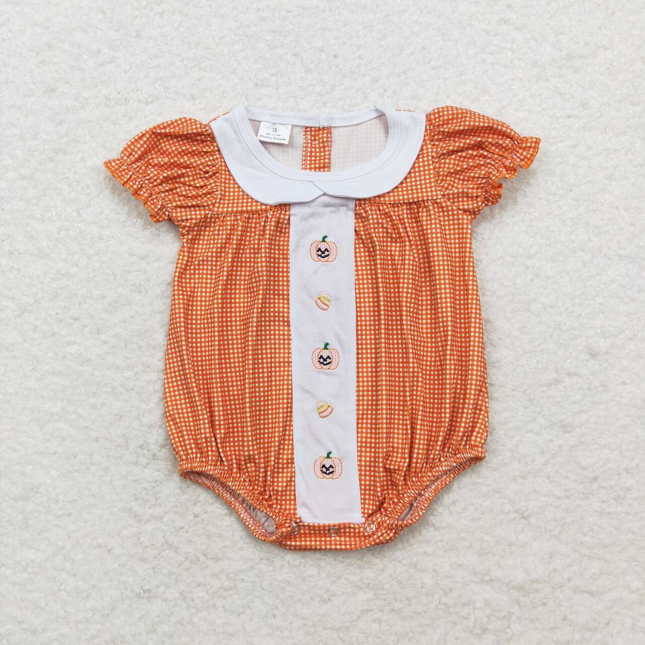 infant baby girls embroidery orange gingham pumpkin romper