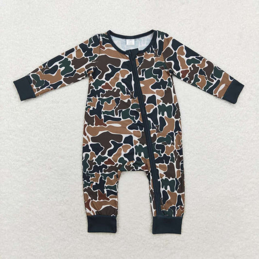 Infant baby boy brown green camo long sleeve zip bamboo romper