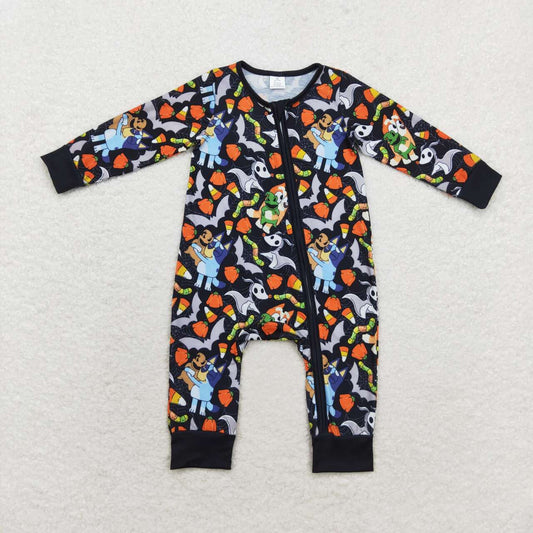 halloween candy corn blue cartoon dog bamboo zip romper