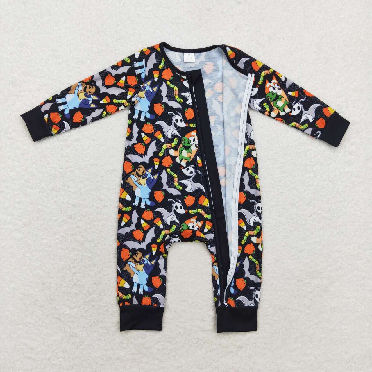 halloween candy corn blue cartoon dog bamboo zip romper