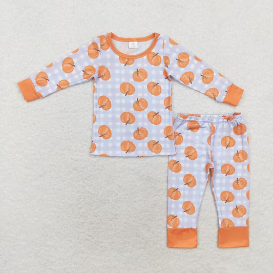 baby boy pumpkin blue plaid long sleeve bamboo pajama set