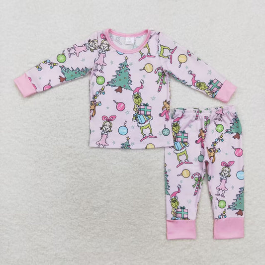 girls christmas green face long sleeve bamboo pajama set