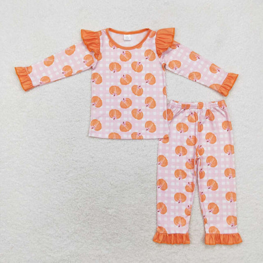 toddle baby girls pumpkin pink checkered long sleeve bamboo pajama set