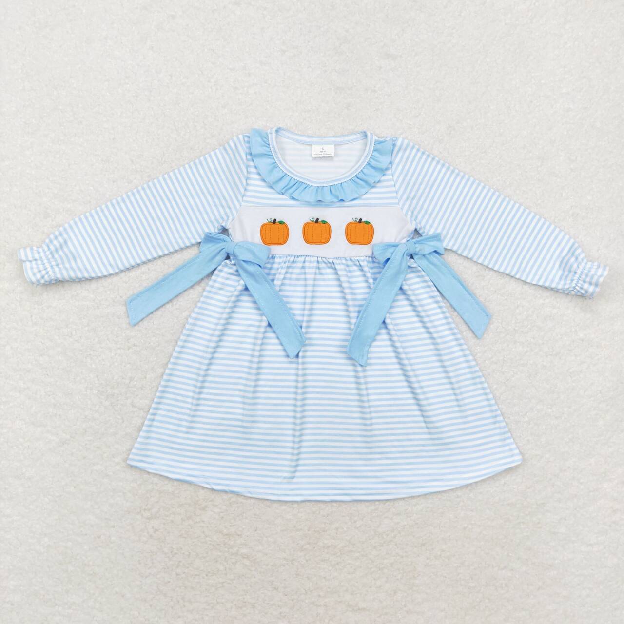 cute girls embroidery three pumpkins blue stripes long sleeve fall season dress