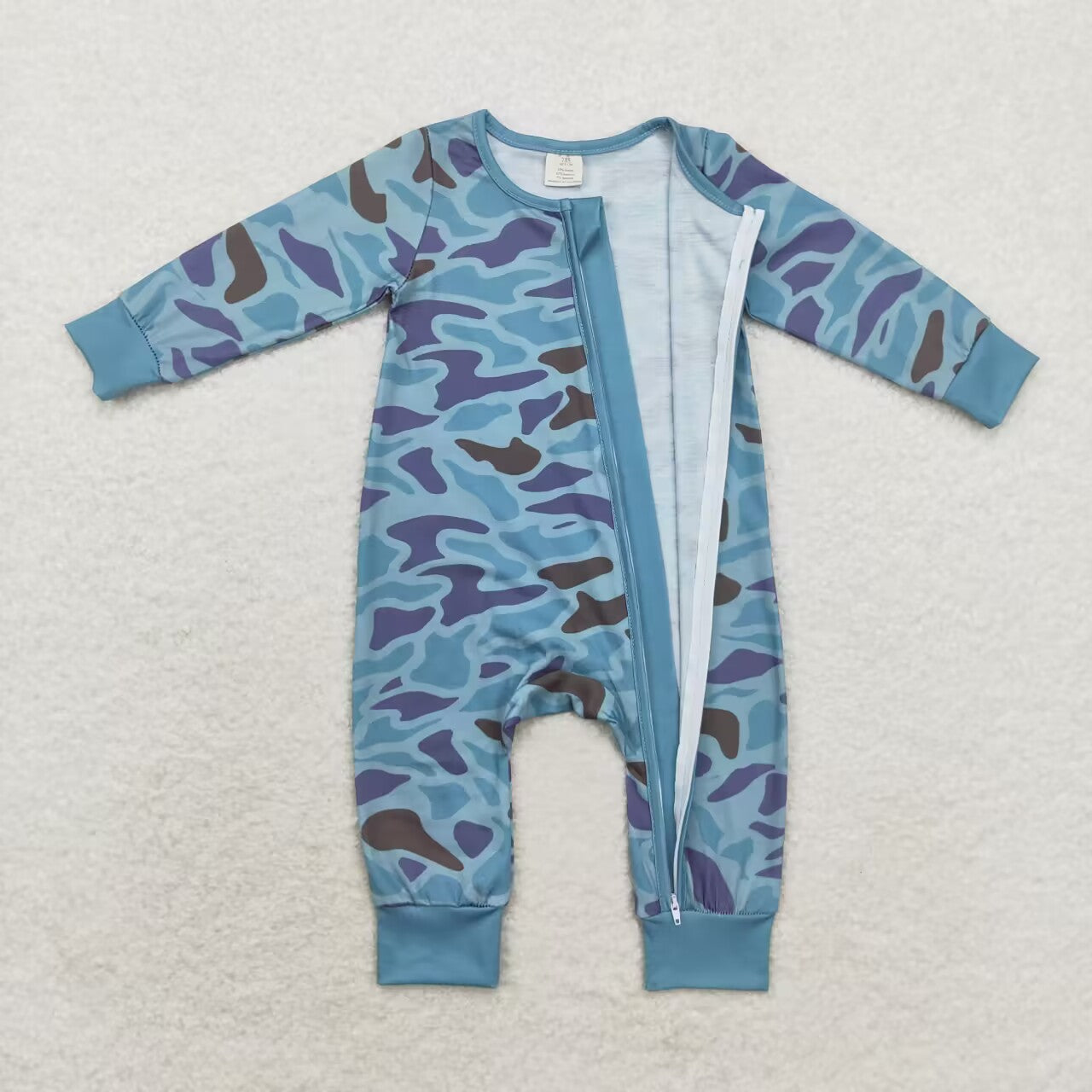 toddle baby boy blue brown camo long sleeve bamboo zip  romper