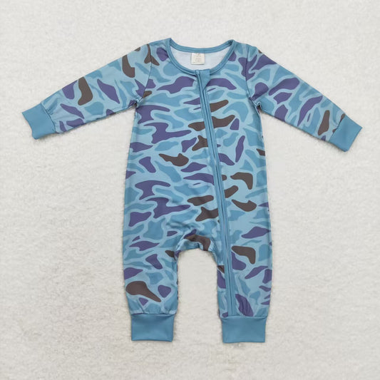 toddle baby boy blue brown camo long sleeve bamboo zip  romper