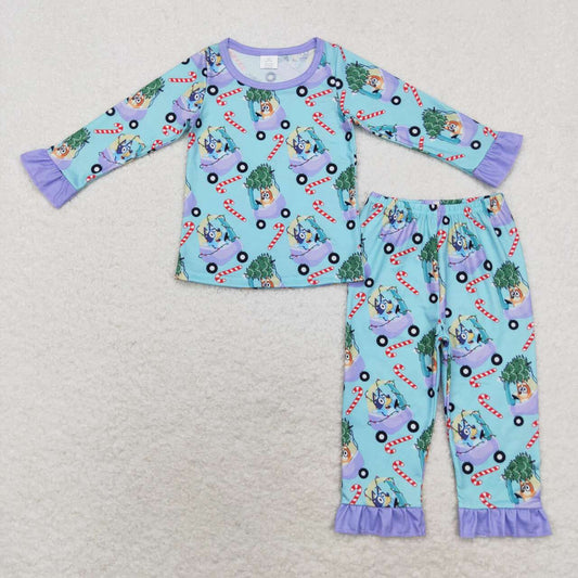 wholesale kids girls christmas tree blue cartoon dog bamboo pajama set