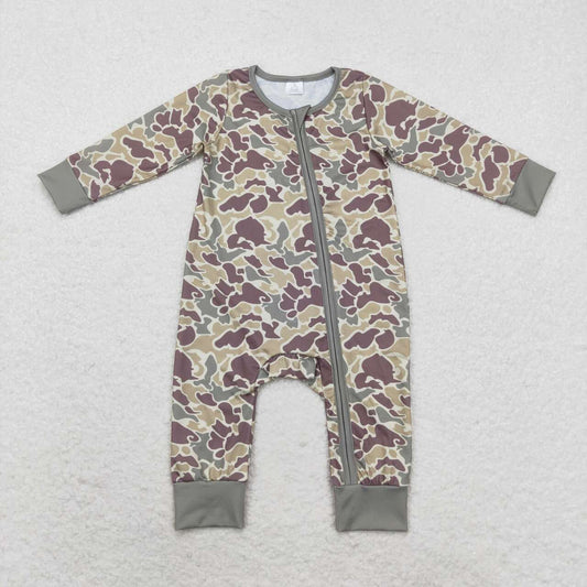 infant baby boy light brown green camo long sleeve bamboo zip romper