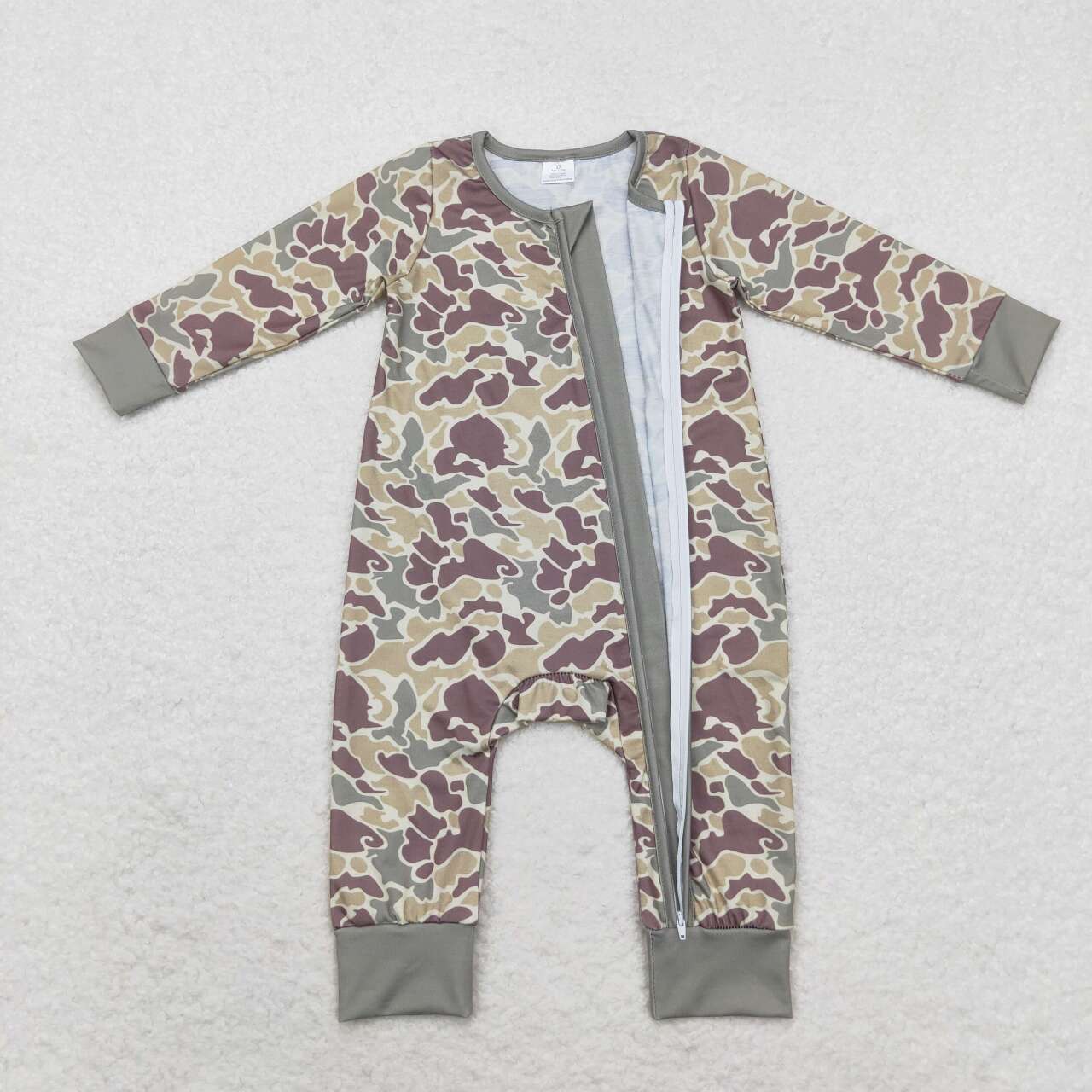 infant baby boy light brown green camo long sleeve bamboo zip romper