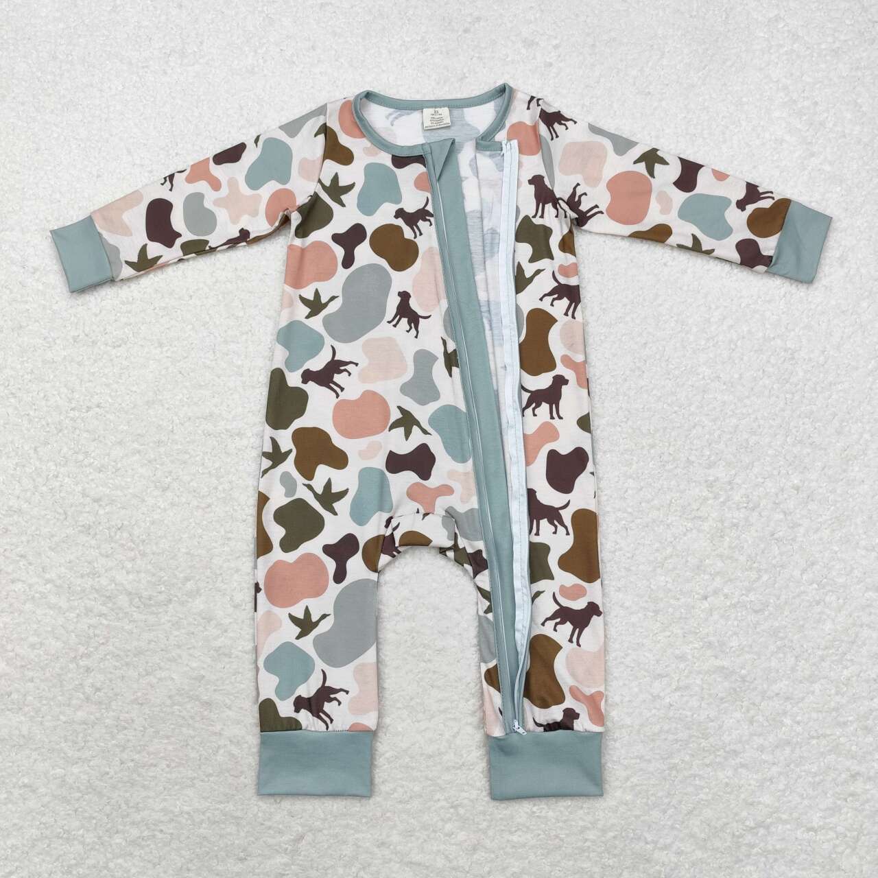 toddle boy mallard duck dog camo bamboo zip romper