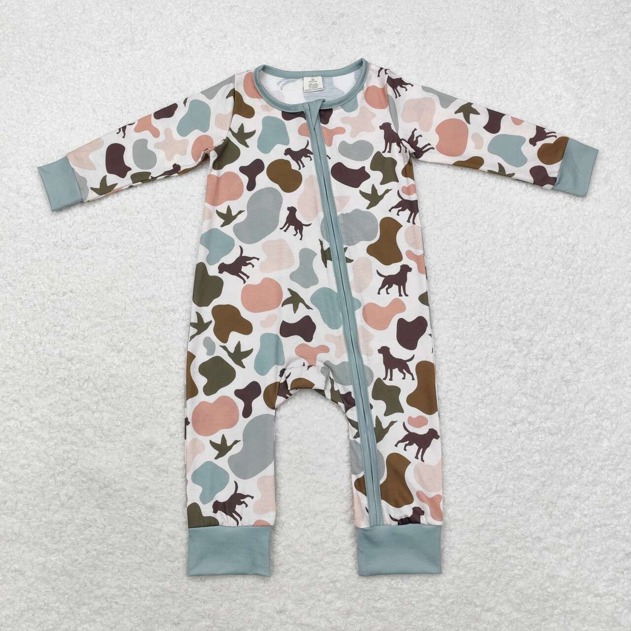 toddle boy mallard duck dog camo bamboo zip romper