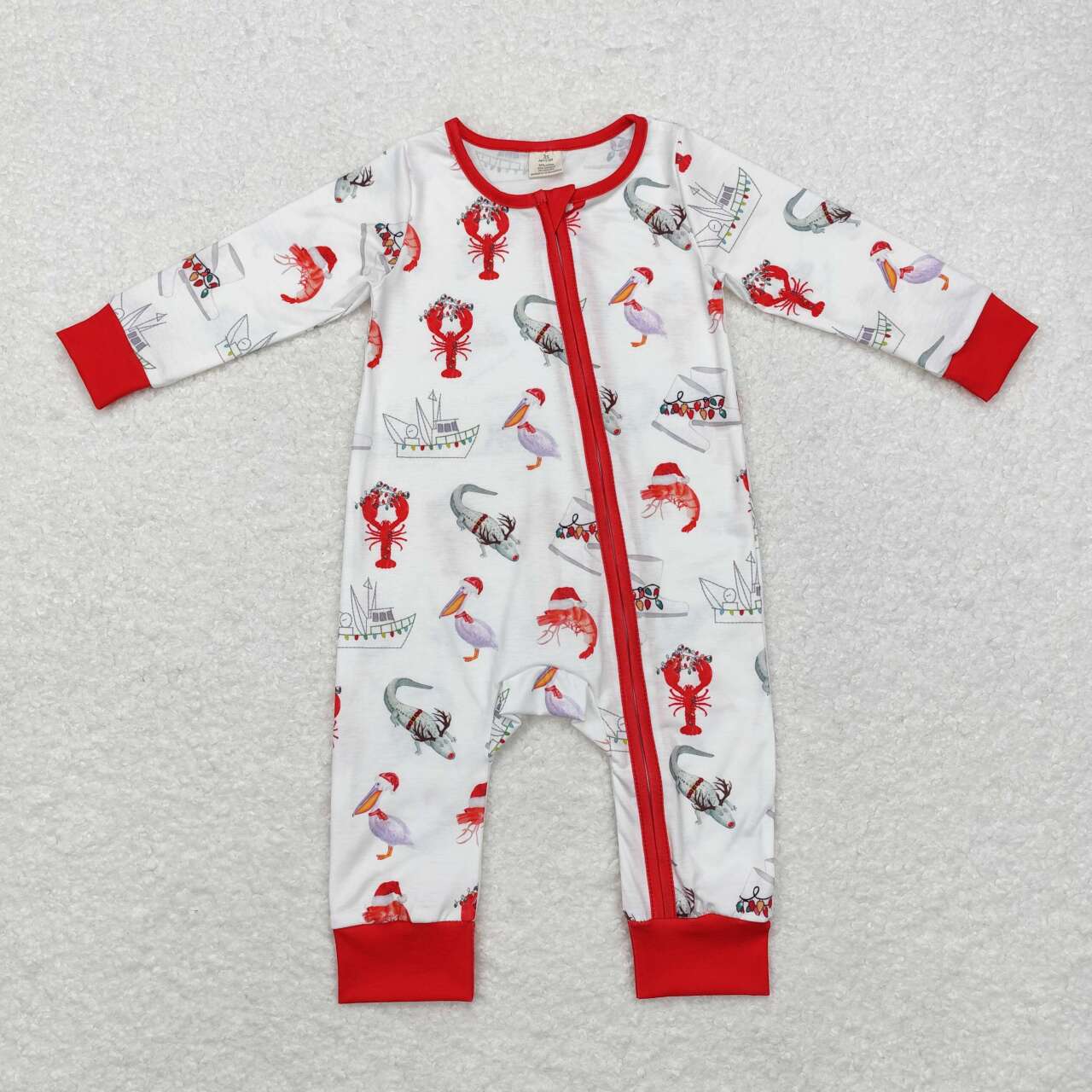 baby boy Christmas crawfish boat print bamboo zip romper