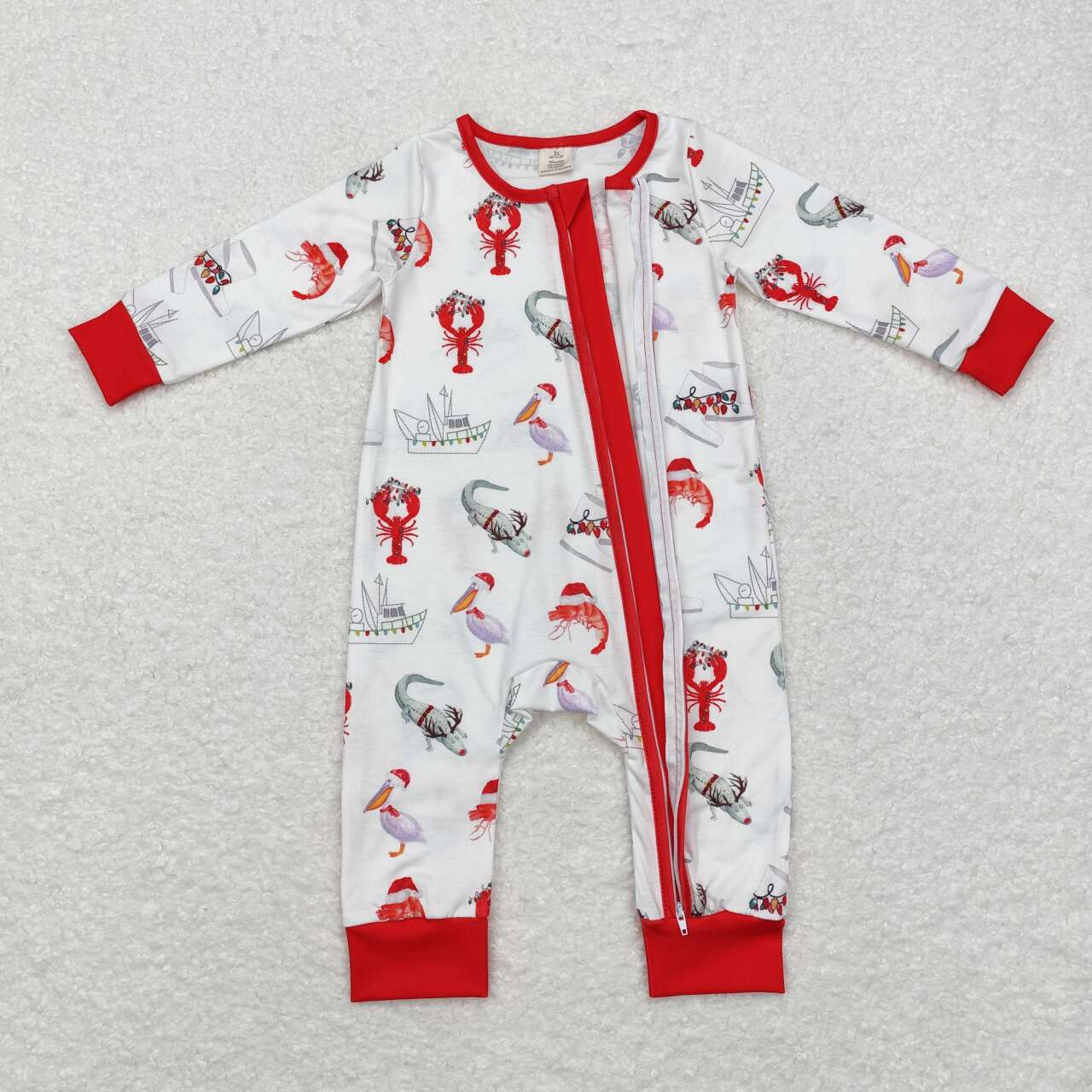 baby boy Christmas crawfish boat print bamboo zip romper