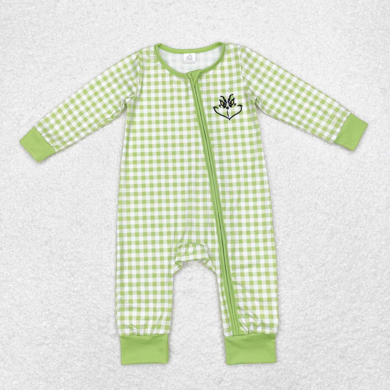 newborn christmas green face long sleeve bamboo zip romper