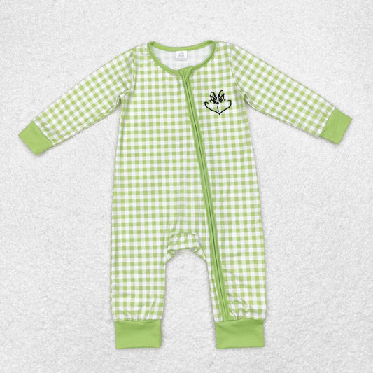 newborn christmas green face long sleeve bamboo zip romper