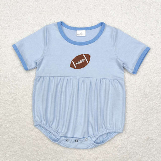 Infant baby boy blue stripes embroidery football romper