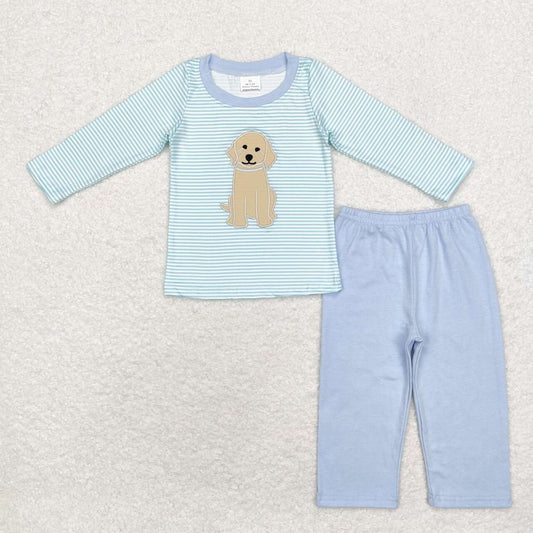 Embroidery cute puppy dog green stripes long sleeve top blue  leggings spring fall clothes