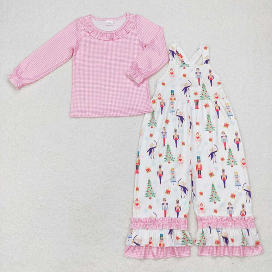 pink long sleeve shirt christmas suspender jumpsuit 2pcs outfit