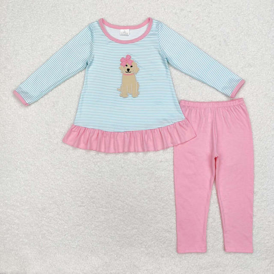 embroidery cute puppy dog green stripes long sleeve top pink leggings spring fall clothes